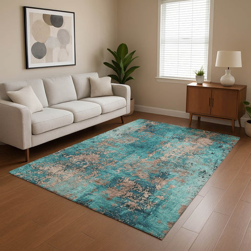 8' X 10' Teal And Beige Abstract Washable Area Rug With UV Protection