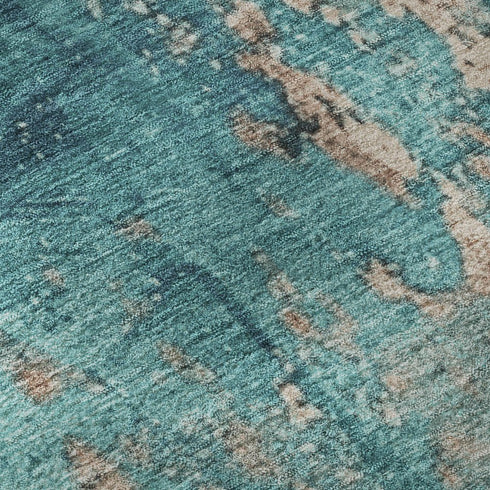 8' X 10' Teal And Beige Abstract Washable Area Rug With UV Protection