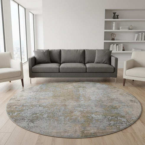 8' Taupe And Beige Abstract Washable Round Rug With UV Protection