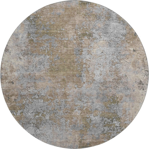 8' Taupe And Beige Abstract Washable Round Rug With UV Protection