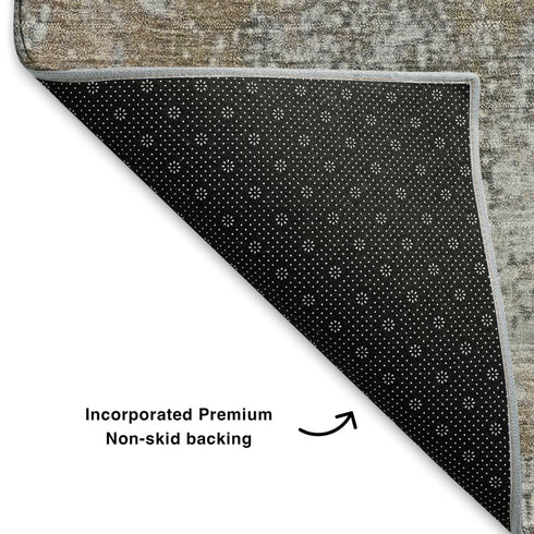8' Taupe And Beige Abstract Washable Round Rug With UV Protection