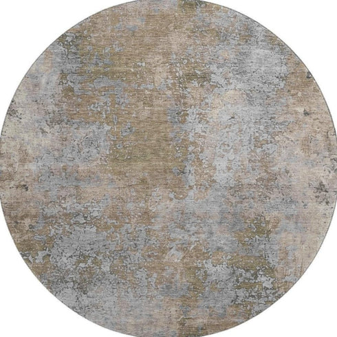 8' Taupe And Beige Abstract Washable Round Rug With UV Protection