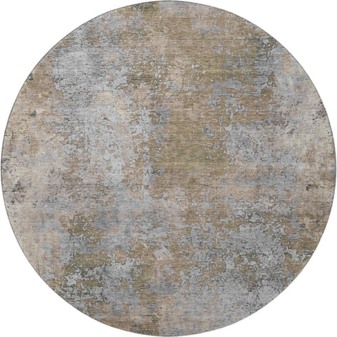 8' Taupe And Beige Abstract Washable Round Rug With UV Protection