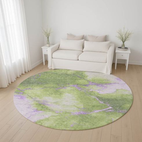 8' Artichoke Green And Lavender Abstract Washable Round Rug With UV Protection