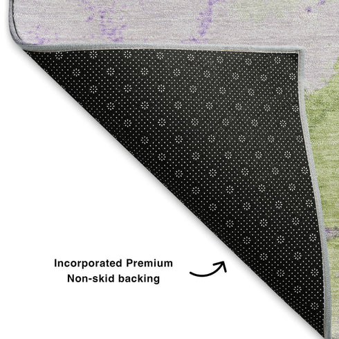 8' Artichoke Green And Lavender Abstract Washable Round Rug With UV Protection