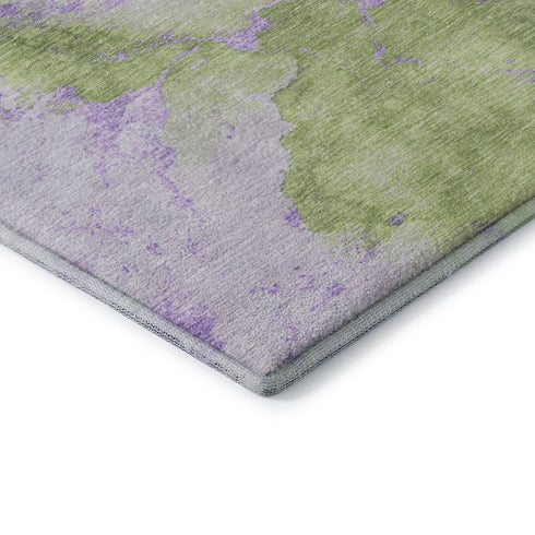 8' Artichoke Green And Lavender Abstract Washable Round Rug With UV Protection