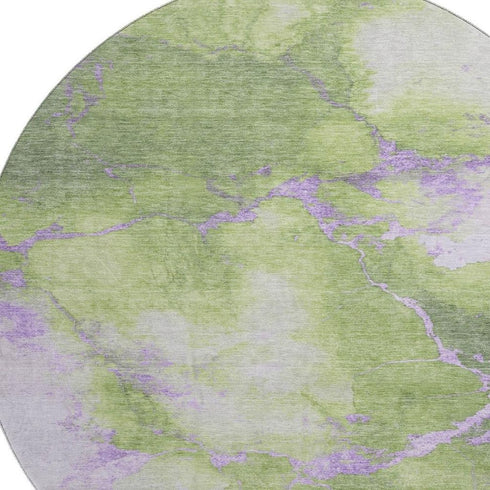 8' Artichoke Green And Lavender Abstract Washable Round Rug With UV Protection