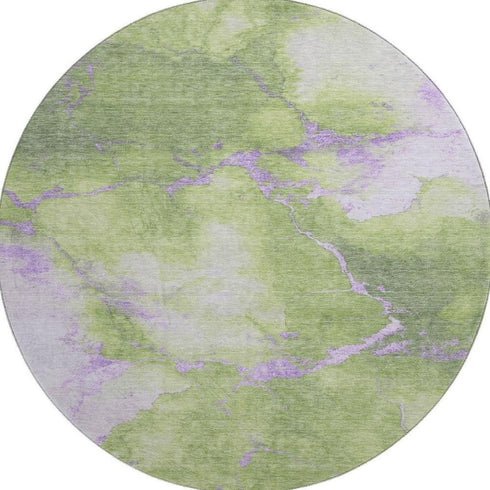 8' Artichoke Green And Lavender Abstract Washable Round Rug With UV Protection