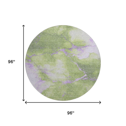 8' Artichoke Green And Lavender Abstract Washable Round Rug With UV Protection