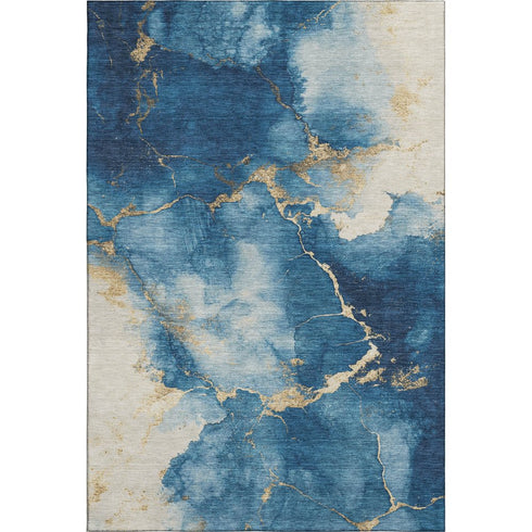 5' X 8' Navy Blue And Gold Abstract Washable Area Rug With UV Protection
