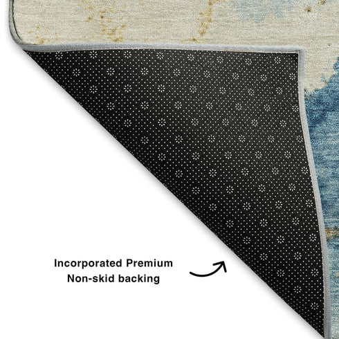 5' X 8' Navy Blue And Gold Abstract Washable Area Rug With UV Protection