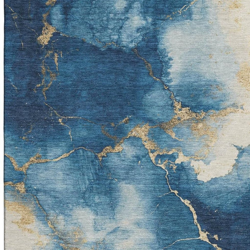 5' X 8' Navy Blue And Gold Abstract Washable Area Rug With UV Protection