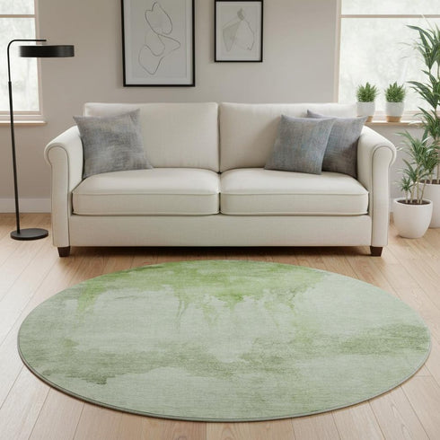 8' Artichoke Green And Ivory Abstract Washable Round Rug With UV Protection