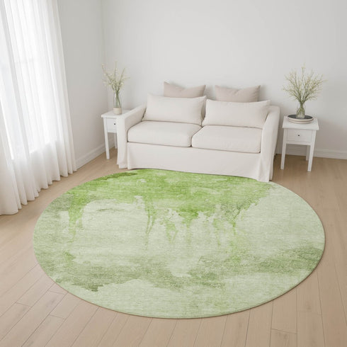 8' Artichoke Green And Ivory Abstract Washable Round Rug With UV Protection
