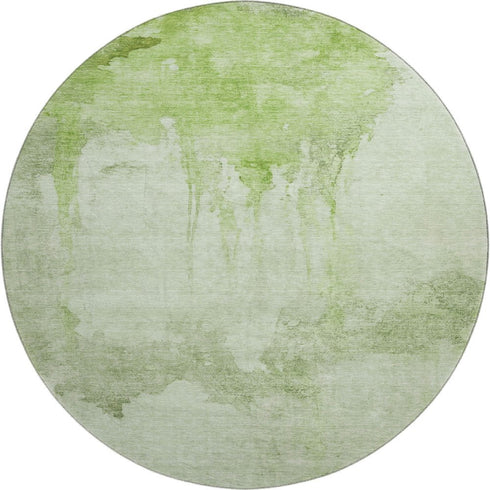 8' Artichoke Green And Ivory Abstract Washable Round Rug With UV Protection
