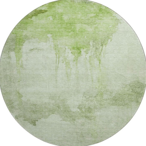 8' Artichoke Green And Ivory Abstract Washable Round Rug With UV Protection