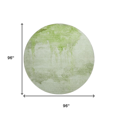8' Artichoke Green And Ivory Abstract Washable Round Rug With UV Protection