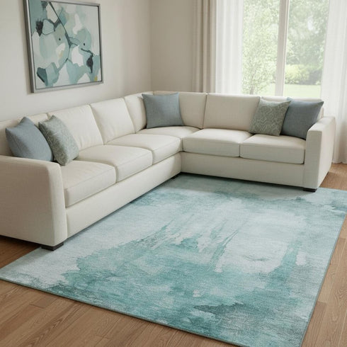 8' X 10' Teal And Aqua Abstract Washable Area Rug With UV Protection
