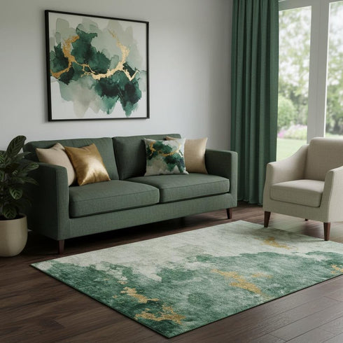 5' X 8' Emerald And Gold Abstract Washable Area Rug With UV Protection