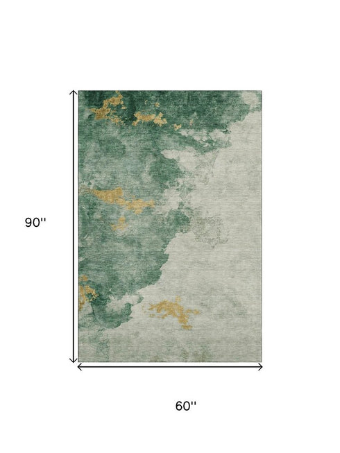 5' X 8' Emerald And Gold Abstract Washable Area Rug With UV Protection