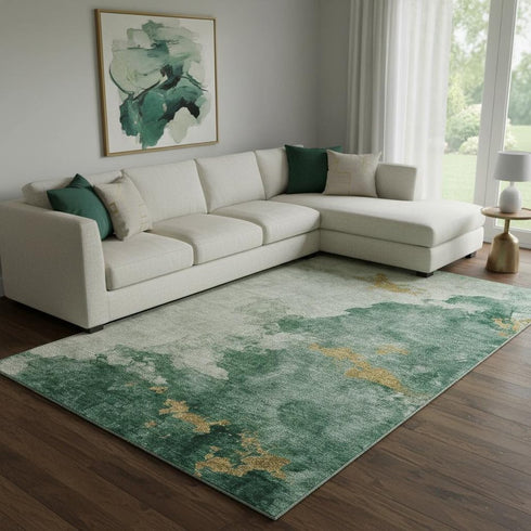 8' X 10' Emerald And Gold Abstract Washable Area Rug With UV Protection