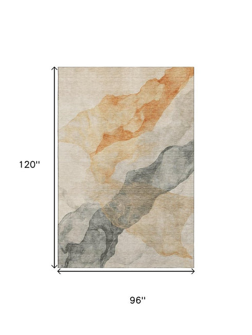 8' X 10' Orange Gray And Silver Abstract Washable Area Rug With UV Protection