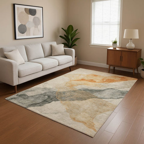 8' X 10' Orange Gray And Silver Abstract Washable Area Rug With UV Protection