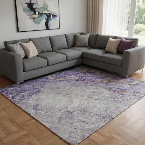 8' X 10' Purple Gold And Ivory Abstract Washable Area Rug With UV Protection