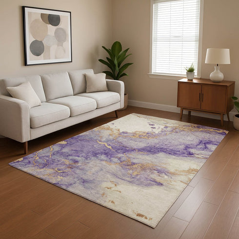 8' X 10' Purple Gold And Ivory Abstract Washable Area Rug With UV Protection