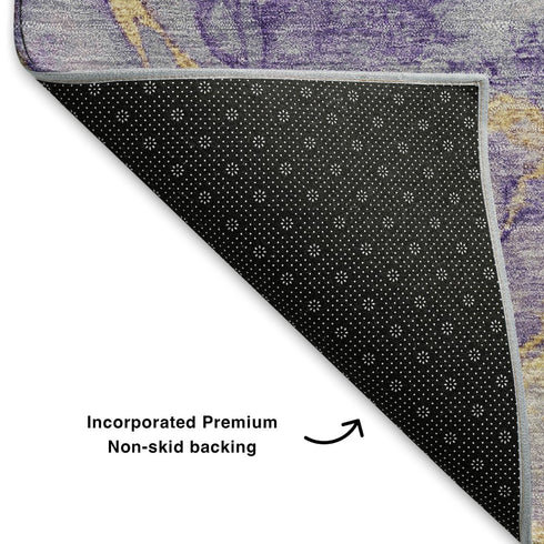 8' X 10' Purple Gold And Ivory Abstract Washable Area Rug With UV Protection