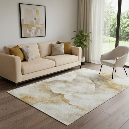 5' X 8' Beige Gold And Ivory Abstract Washable Area Rug With UV Protection