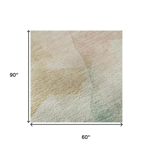 5' X 8' Pearl Teal And Ivory Abstract Washable Area Rug With UV Protection