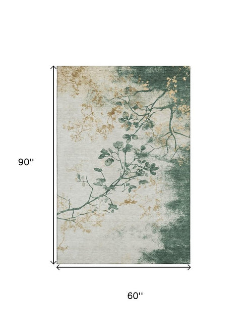 5' X 8' Emerald Ivory And Gold Floral Washable Area Rug With UV Protection