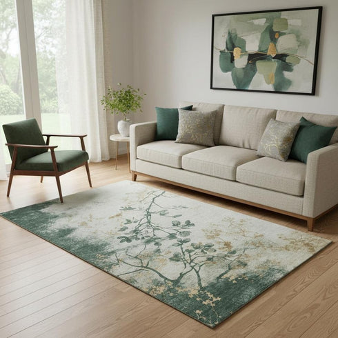 5' X 8' Emerald Ivory And Gold Floral Washable Area Rug With UV Protection