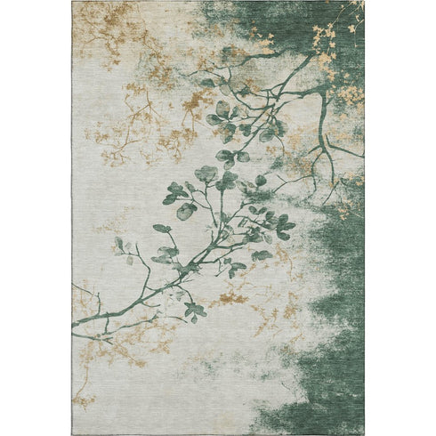 5' X 8' Emerald Ivory And Gold Floral Washable Area Rug With UV Protection
