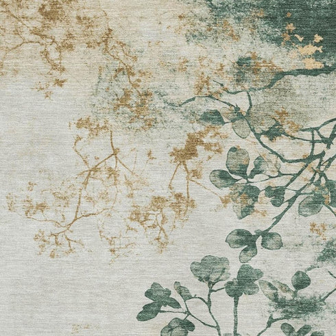 5' X 8' Emerald Ivory And Gold Floral Washable Area Rug With UV Protection