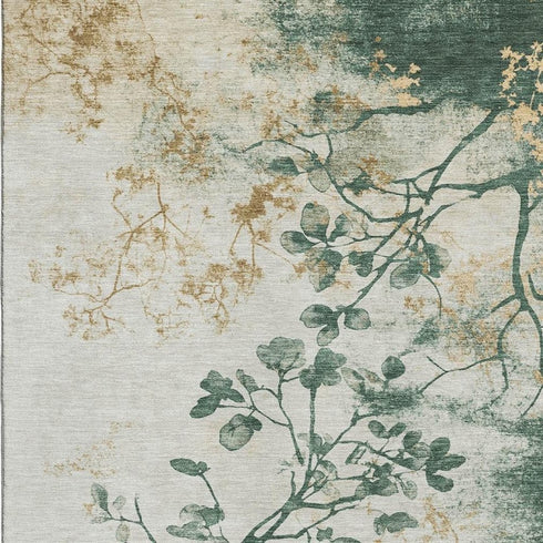 5' X 8' Emerald Ivory And Gold Floral Washable Area Rug With UV Protection