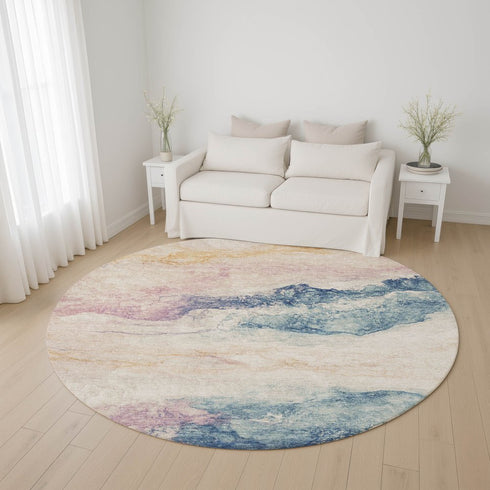 8' Pearl Blue And Lavender Abstract Washable Round Rug With UV Protection