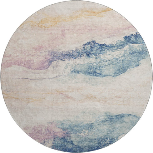8' Pearl Blue And Lavender Abstract Washable Round Rug With UV Protection