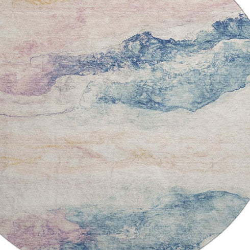 8' Pearl Blue And Lavender Abstract Washable Round Rug With UV Protection