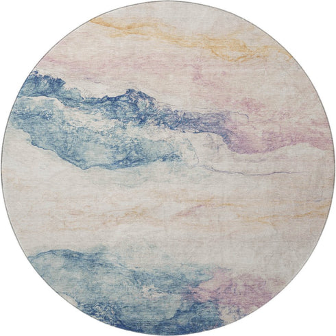 8' Pearl Blue And Lavender Abstract Washable Round Rug With UV Protection