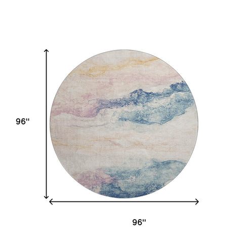 8' Pearl Blue And Lavender Abstract Washable Round Rug With UV Protection