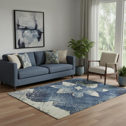 5' X 8' Navy Blue And Ivory Floral Washable Area Rug With UV Protection