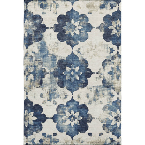 5' X 8' Navy Blue And Ivory Floral Washable Area Rug With UV Protection