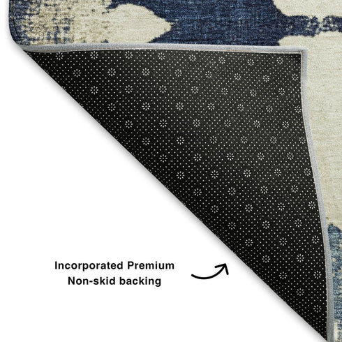 5' X 8' Navy Blue And Ivory Floral Washable Area Rug With UV Protection