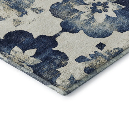 5' X 8' Navy Blue And Ivory Floral Washable Area Rug With UV Protection