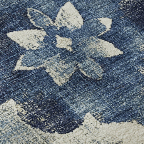 5' X 8' Navy Blue And Ivory Floral Washable Area Rug With UV Protection