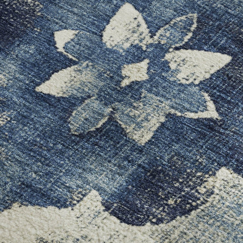 5' X 8' Navy Blue And Ivory Floral Washable Area Rug With UV Protection