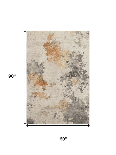 5' X 8' Rust Gray And Ivory Abstract Washable Area Rug With UV Protection