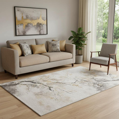 5' X 8' Beige Gold And Charcoal Floral Washable Area Rug With UV Protection